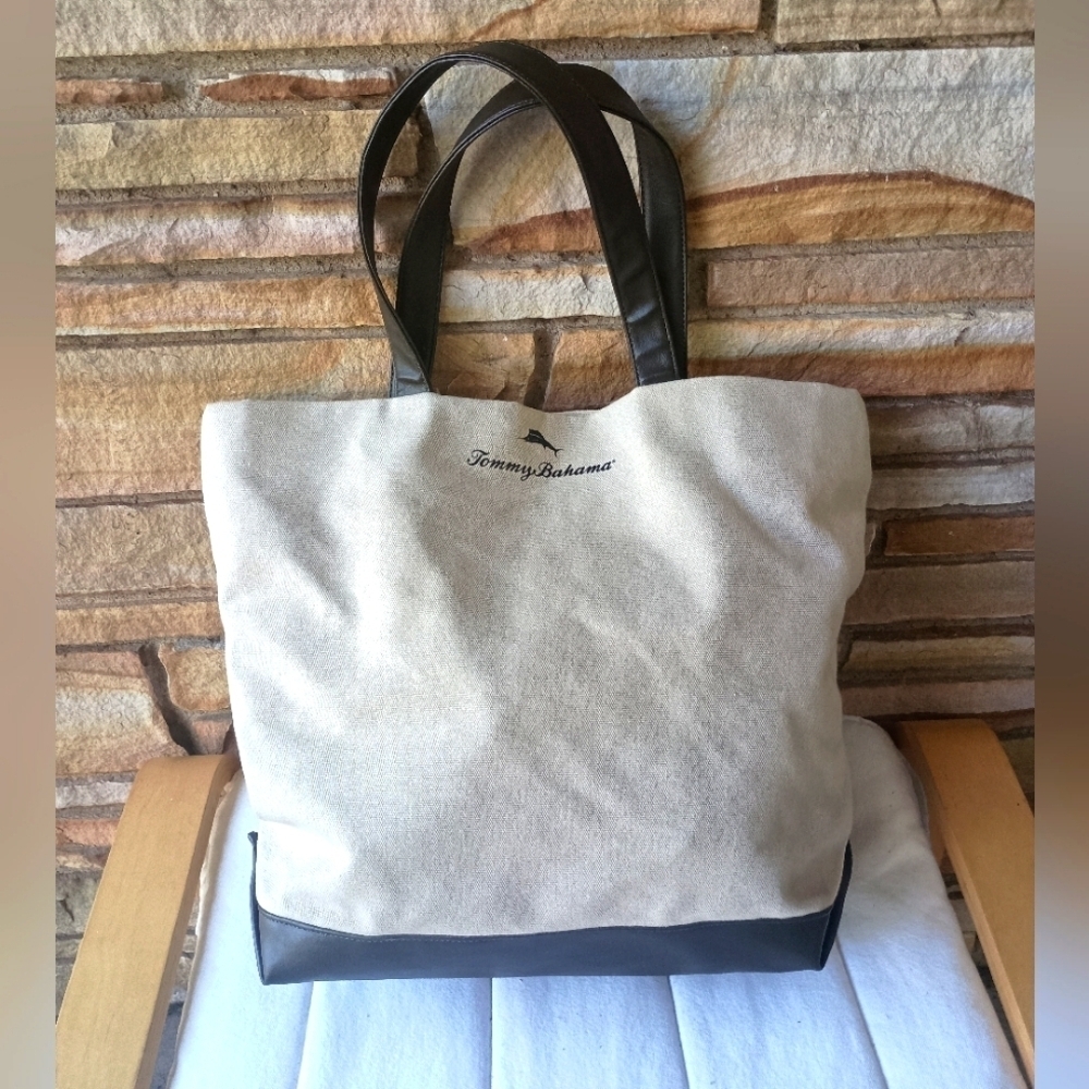 Tommy Bahama Cream and Dark Brown Canvas Tote